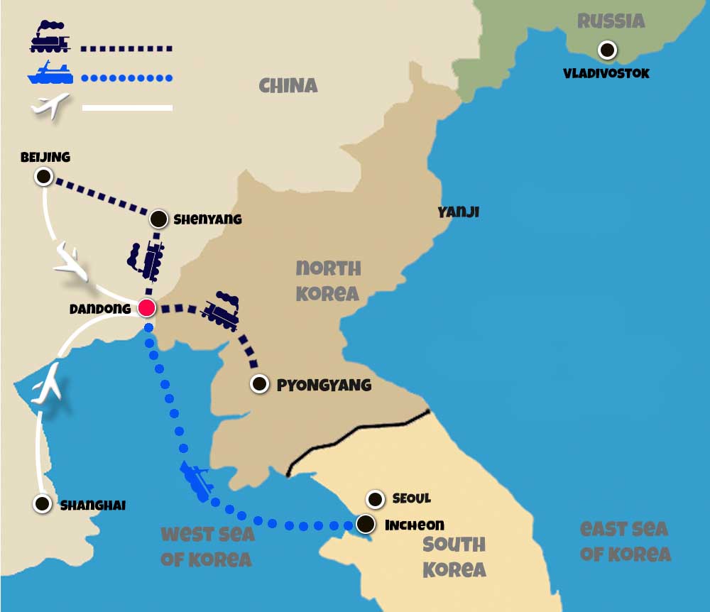 Map how to get to and out of Dandong